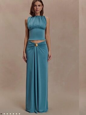 Meshki Slinky Ruched Maxi Skirt With Hardware - Teal